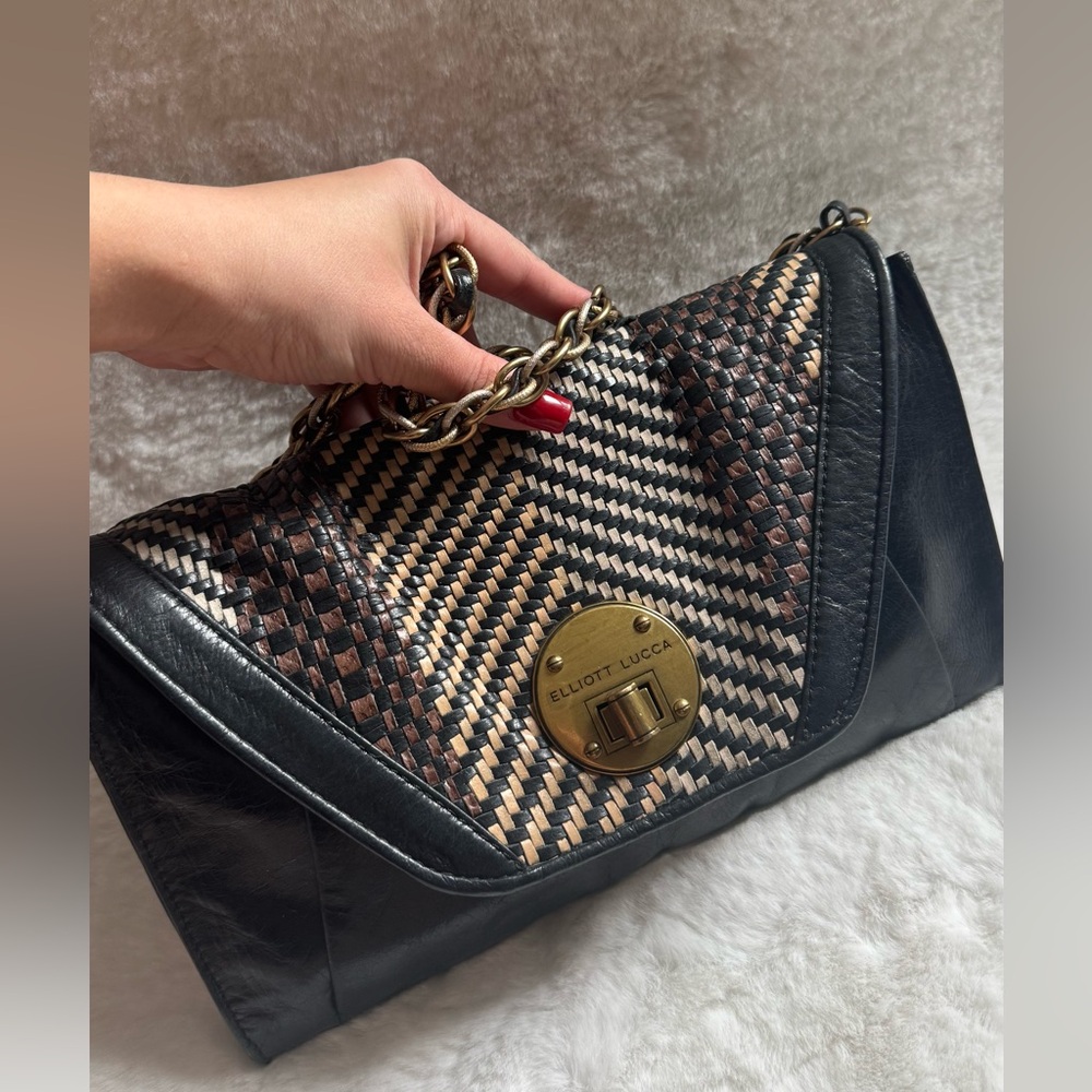 Elliott Lucca Black and Brown Shoulder Bag with Gold Hardware